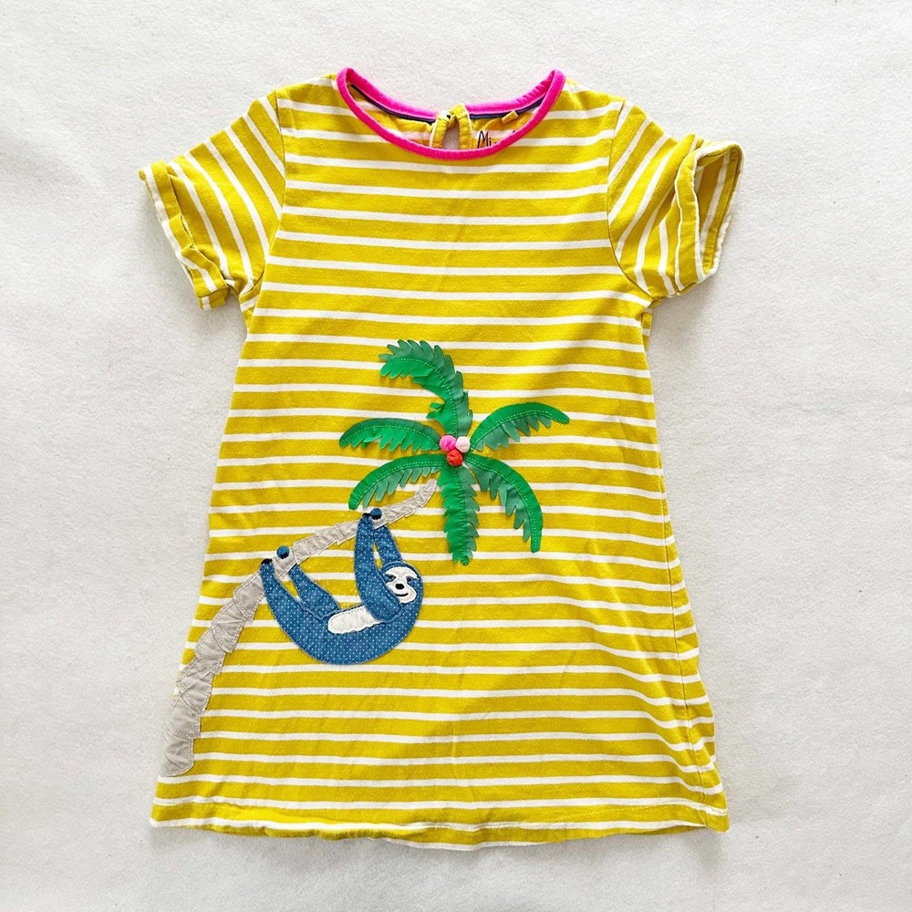 Mini Boden Yellow Striped Sloth Palm Tree Appliqué Dress